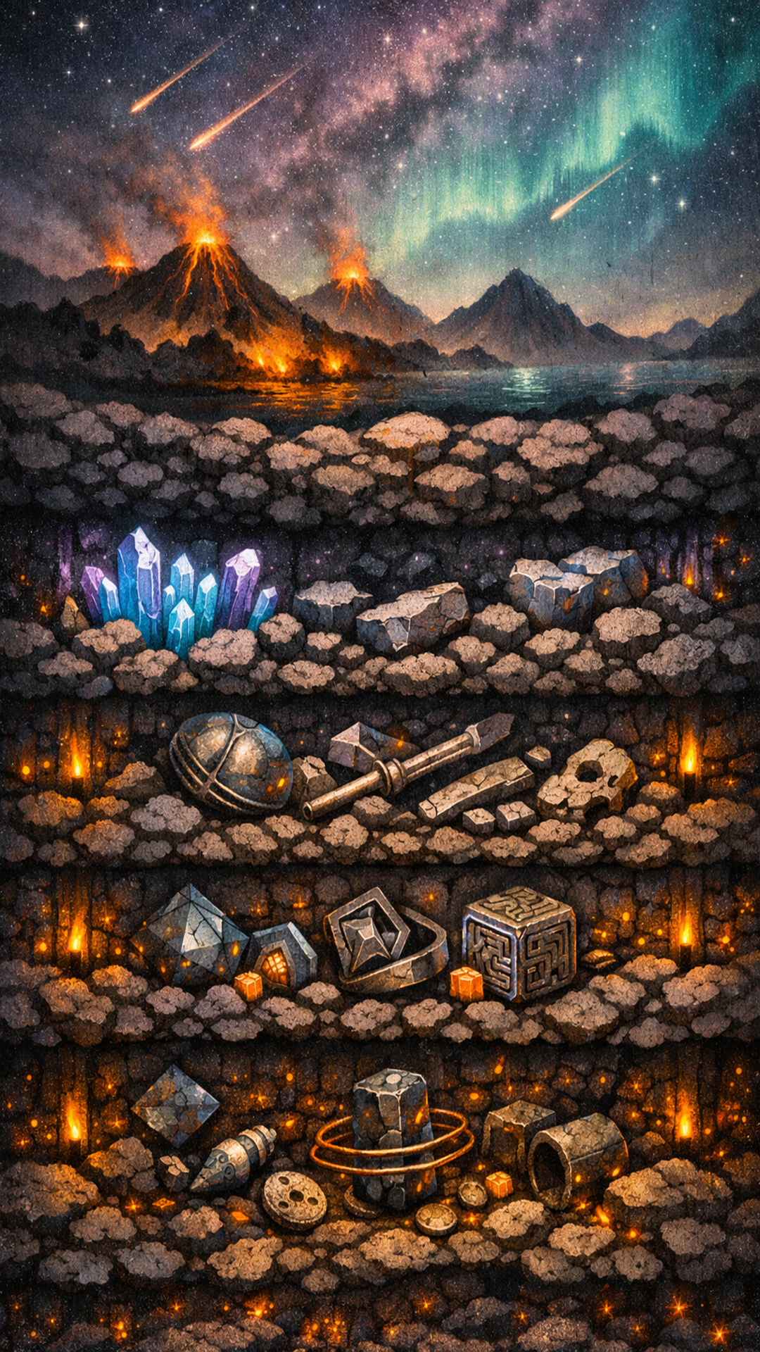 A mysterious volcanic landscape under an aurora-lit sky, with strange artifacts embedded in the rock below