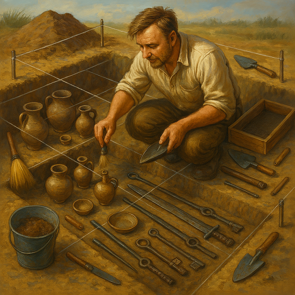 A painting of an archaeologist carefully excavating pottery and tools at a dig site
